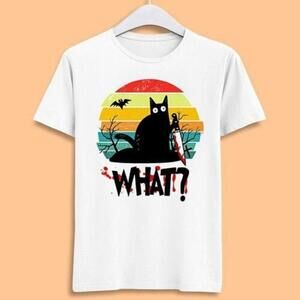 Murderous Black Cat Knife Moon Halloween Horror Meme Fan Gift Graphic T Shirt